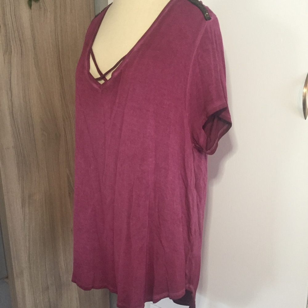 Seven7 Embellished Mineral Wash Dark Red Tee